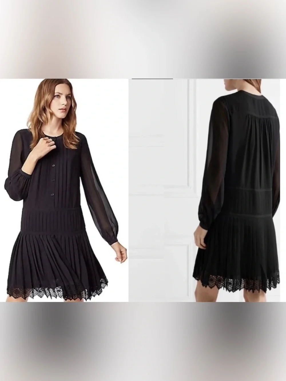 Tory Burch Black Sydney Pleated Shift Mini Dress Lace Hem Long Sleeve LBD Size 2